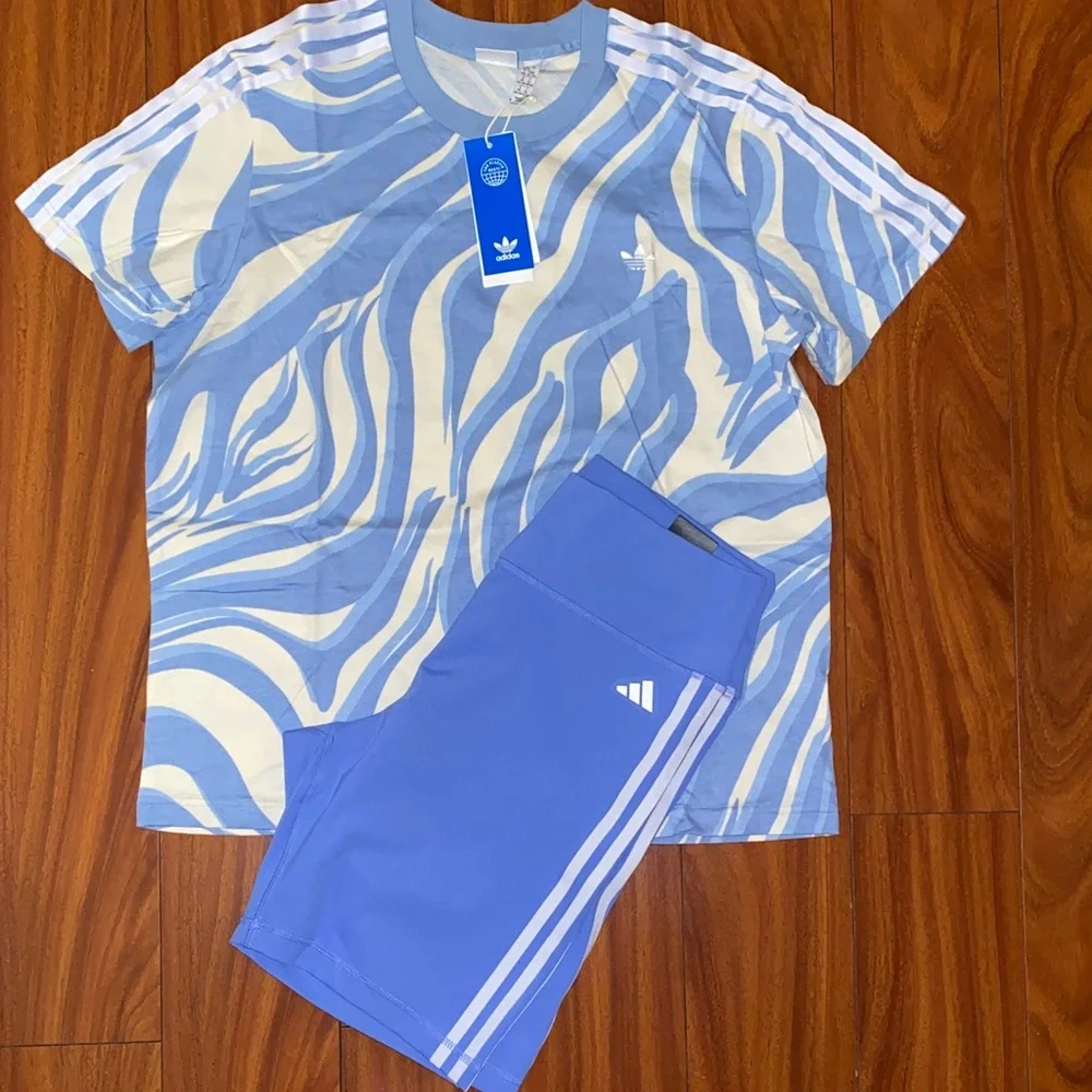 🧊 Adidas Blue and White Zebra Print TShirt/Short 2pcs Combo NWT🧊 - Picture 1 of 7